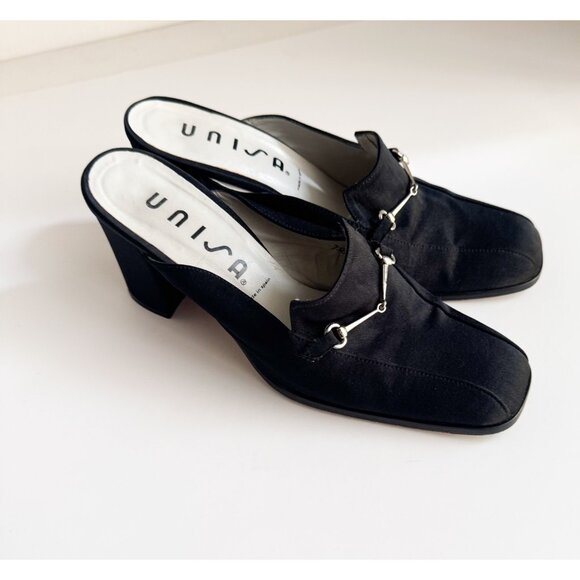 Vintage Unisa Black Satin Horsebit Detail Block Heel Slides 7.5B - Picture 1 of 10